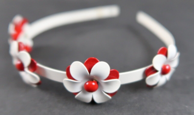 VERY VINTAGE SWEET!! FLOWERS HEADBAND METAL RED & WHITE  display picture 2