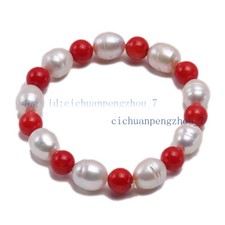 Beautiful 8mm Red Coral Round Beads 9-10mm White Pearl Elastic Bracelet 7.5''