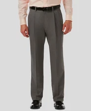 Haggar Men's Gray Classic-Fit Pleated Stretch Dress Pants Size 38W 34L