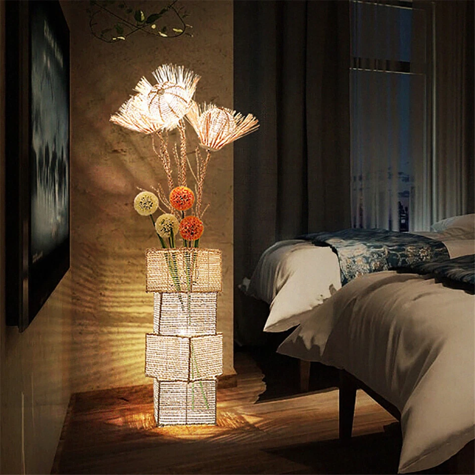 Vintage Rattan Floor Lamp Handmade Weaven Rattan Bedroom Floor Light 4 LED Bulbs - Image 3 of 4