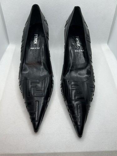 FENDI Monogram Women’s Black Leather Heels Shoes Size 37 Brand New Authentic - Picture 4 of 12