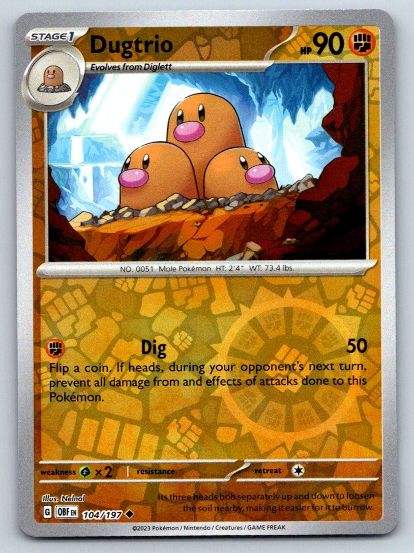 Dugtrio 104/197 Uncommon Obsidian Flames Pokemon Reverse Holo Near Mint