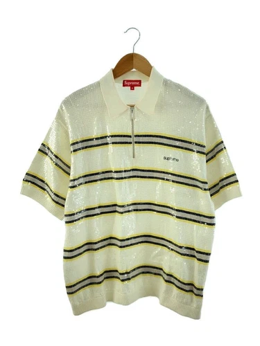 Pull Supreme Tricot Rayure Paillettes Zip Polo M Coton Bordure Blanche avec Occasion