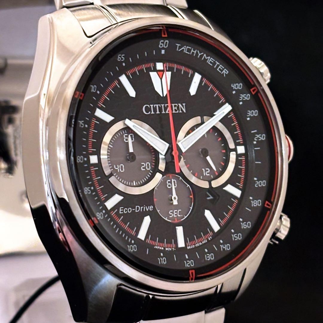CITIZEN black chronograph, Eco-Drive, 44mm, sleek silver band, 100m resistant. image 5