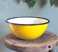 Rare Vintage 1970s Yellow White Black Poland Huta Silesia Enamel Mixing Bowl Mod