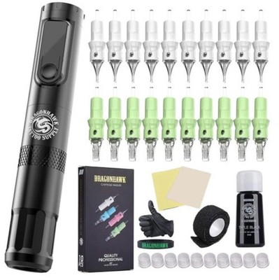 Dragonhawk X4 Tattoo Pen Kit Wireless, Cartridges, Black Tattoo Ink Supplies