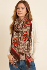 Dana Xu DX 100% Wool Large Scarf Pashmina Wrap Fringe Brown Floral Boho Shawl