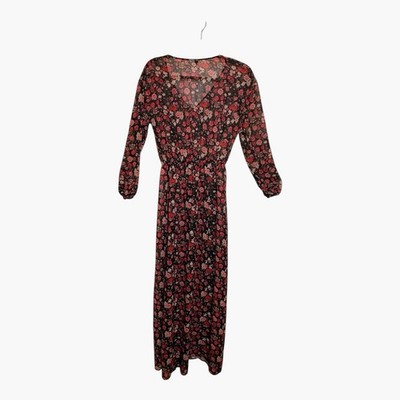 H&M Divided Black Red Floral Romantic Maxi Dress High Slit Size 6