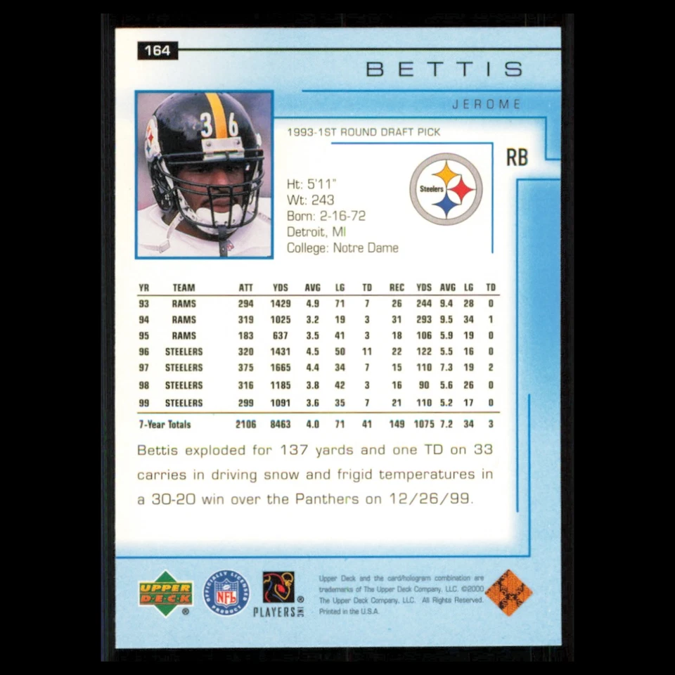 Jerome Bettis #164 2000 Upper Deck Pittsburgh Steelers Football Card NFL NM - Image 2 of 3