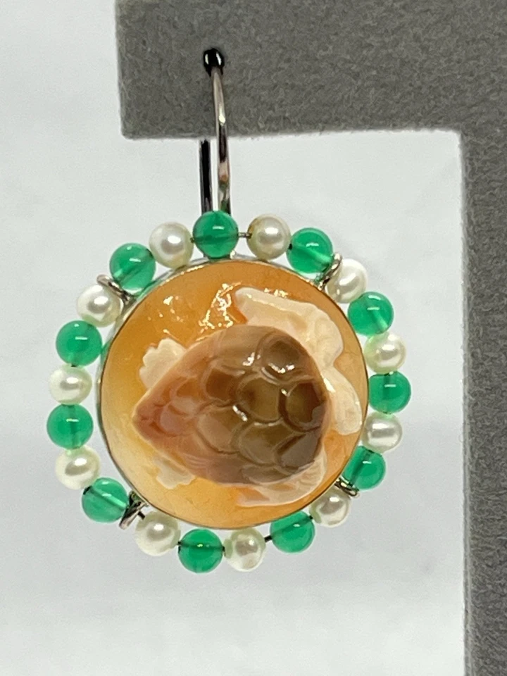 Orecchini in Argento 925 con Cammei Corniola Tartarughe, Perle e Avventurina - Immagine 3 di 4