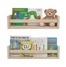 Floating Wall Shelf Nursery Book Shelves Kids Reading Nook Light Wood - Set of 2