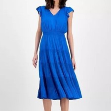 T Tahari Tiered V Neck Flutter Sleeve Midi Dress Polaris Blue Womens Size L
