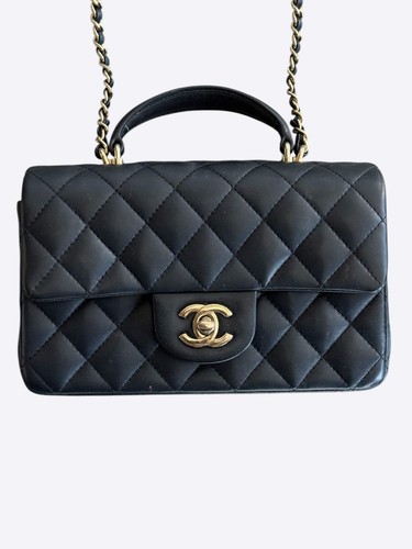 Chanel Black Lambskin Quilted Mini Top Handle Flap Bag