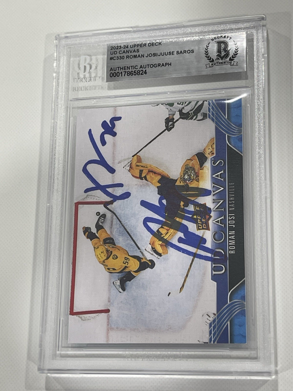 Roman Josi Autographed Signed Nashville Predators Juuse Saros UD Canvas Card Slabbed Beckett BAS IP Auto a 