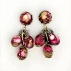 VTG Gold Tone Marbled Pink White Cluster Earrings Beaded Dangle Clips Boho 1.75”