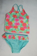 Girls 2 PC SWIMSUIT Tankini Set TEAL PINK ORANGE Tropical Flowers L 10-12
