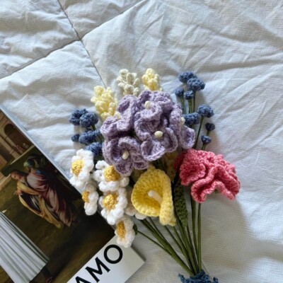 Handmade Crochet Knitted Lavender Carnation Hydrangea Lily Flower Bouquet 9 Stem