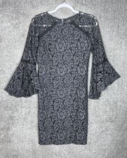 Calvin Klein Lace Overlay Floral Dress Womens Size 4 Black 3/4 Bell Sleeve Lined