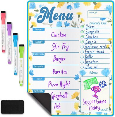 Magnetic Dry Erase Menu Board for Fridge (Flowers, 16X12) - Weekly Meal Planner 