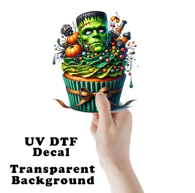 Halloween  Green Frankenstein Cupcake UV DTF Transparent Sticker / Decal