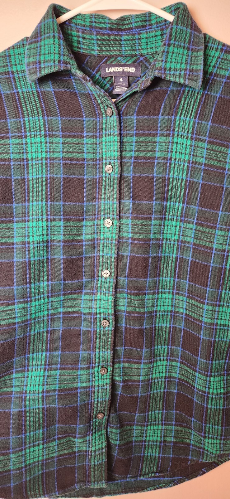Lands End Womens Button Up Flannel Shirt Green/black/blue Plaid XS 4