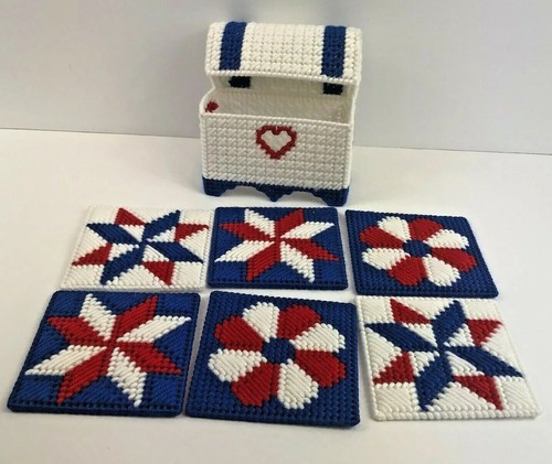 Handmade Coasters Plastic Canvas Needlepoint Americana 4 July With Chest Holder - Picture 2 of 13