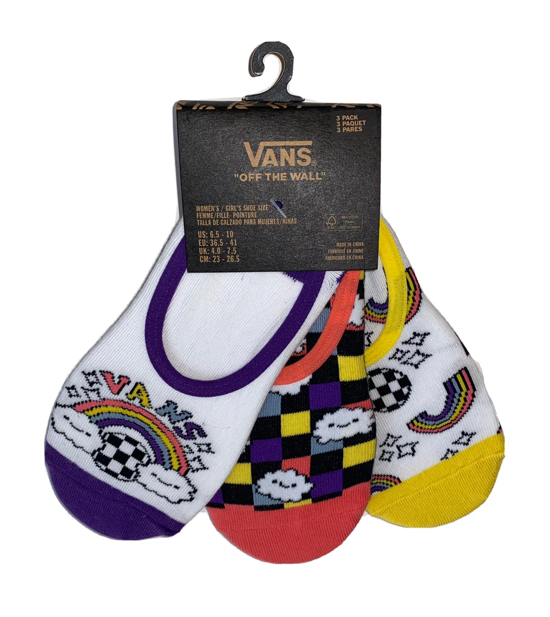 Vans No Show Liner Socks 3 Pair Women 6.5 10 Multicolor w Rainbows