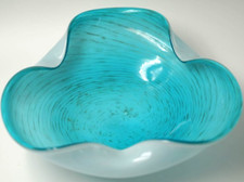Vintage Murano Italian Art Glass Bowl Blue  White Glass Cased with Bronze Swirl