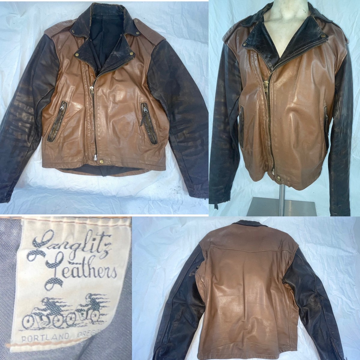 VTG 70S MENS M LANGLITZ BROWN TUTONE LEATHER MOTORCYCLE BIKER