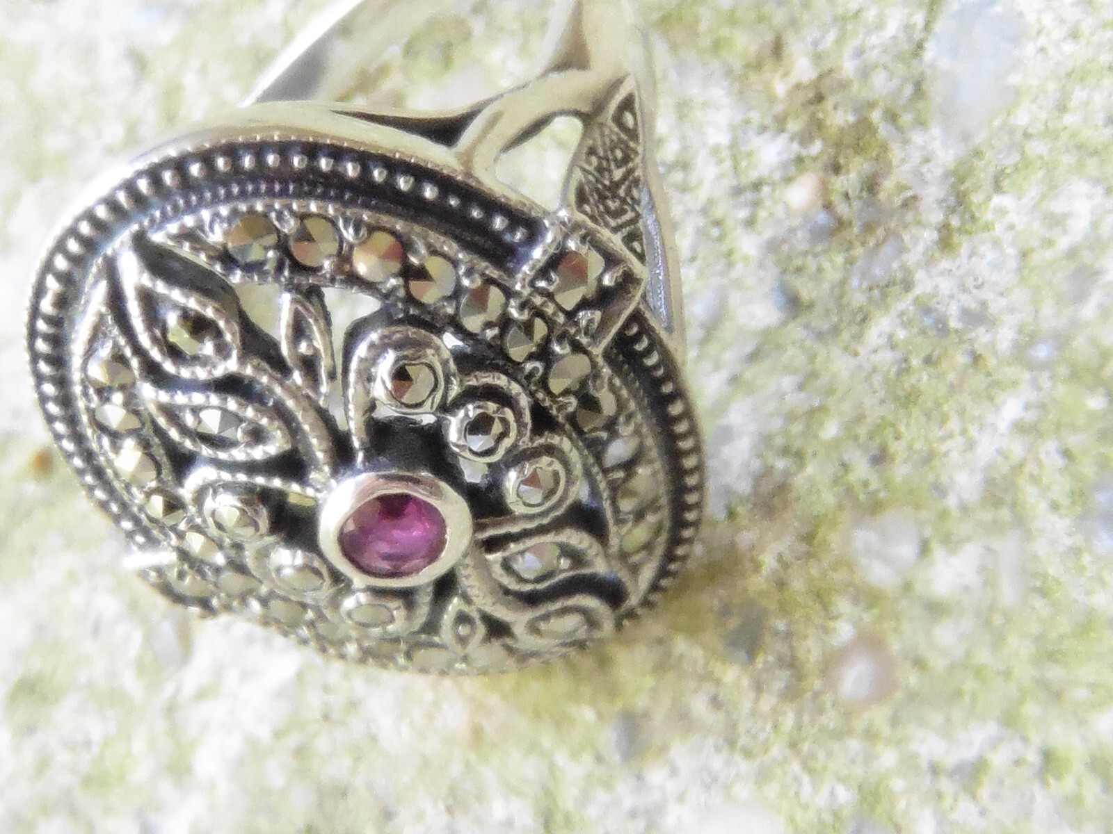 Sterling Silver 925 Marcasite Ruby Ring - image 8