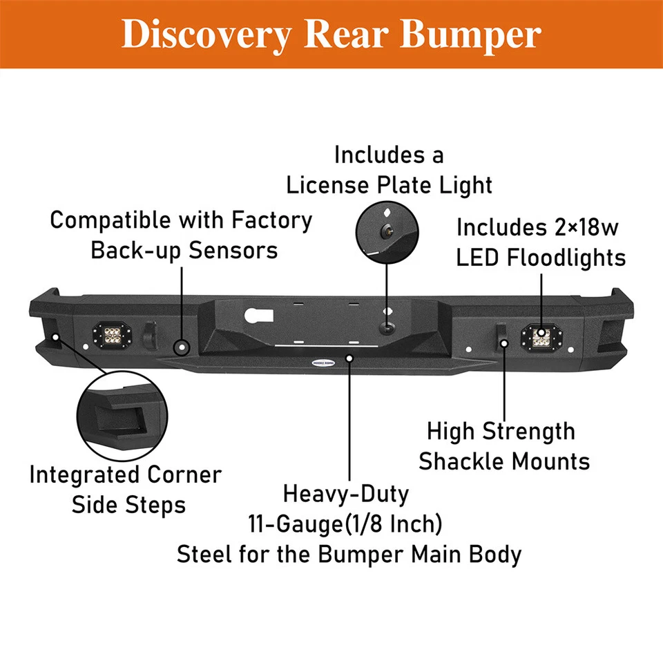 Fit 2006-2023 Ford F150 F250 F350 Ranger Textured Steel Rear Bumper w/ LED Light Foto 4 de 4