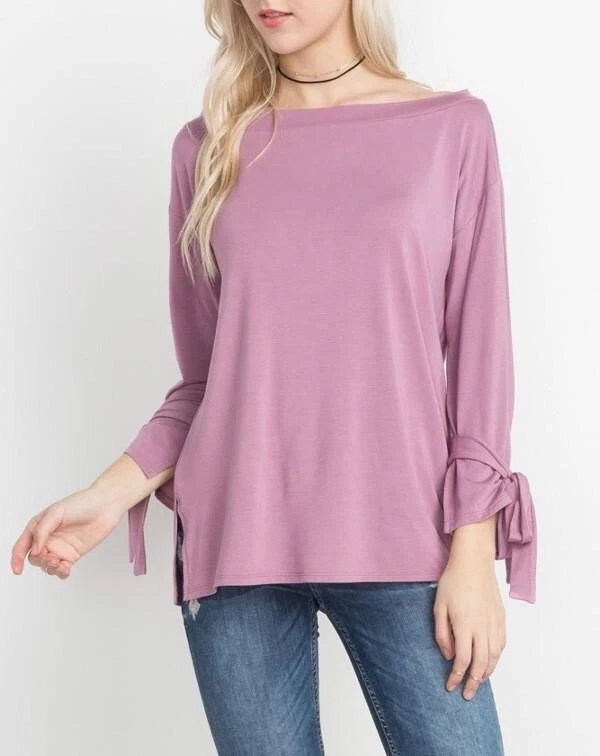NEW Mittoshop Pink - Purple Soft Tie Sleeve Boat Neck Side Slit Loose Bamboo Top - Image 2 of 3