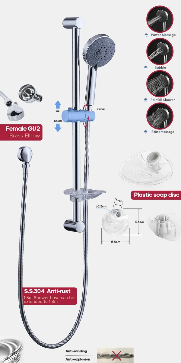 Decaura 4-Mode Shower Rail Set Sliding  Hand held Head with Soap Holder Chrome