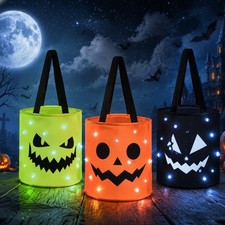 3 Pcs Light up Halloween Bucket Kids Trick or Treat, Green,Black,Orange