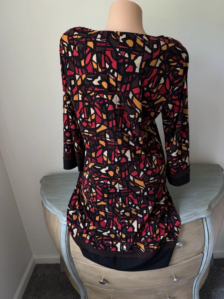 Vestido Ronni Nicole XL 14 Manga 3/4 Geo Estampado Colorido Años 70 Retro Otoño Pullover Foto 4 de 4