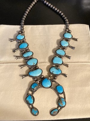 Southwestern/Native American Sterling Silver Turquoise Squash Blossom Necklace