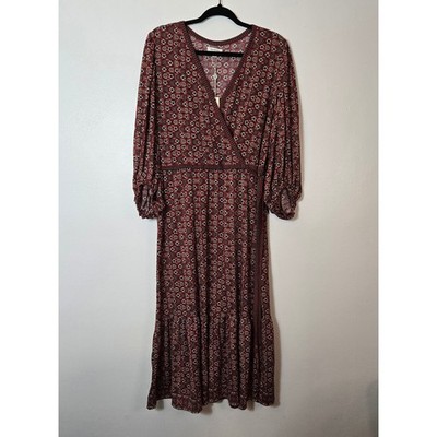 Max Studio Womens XL Berry Red Floral Faux Wrap Tiered Maxi Dress 1904J51 NEW
