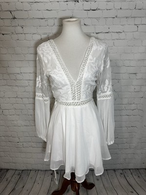 Angel Biba Mini Dress Long Sleeve Boho White Floral Lace NEW NWT Small