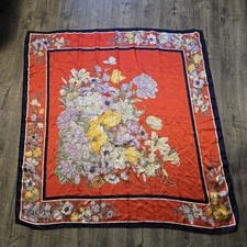 Vintage Huali 100 Silk Navy Red Floral Scarf 42 x 42 Elegant Classy Vibrant