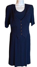 VTG Woman's Blue Crinkle Short Sleeve Scoop Neck Dress Faux Vest No Tags Sz L