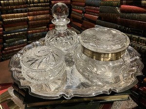 CUT GLASS BOXES: COLOGNE BOTTLE:  LEONARD SILVER TRAY: ANTIQUE