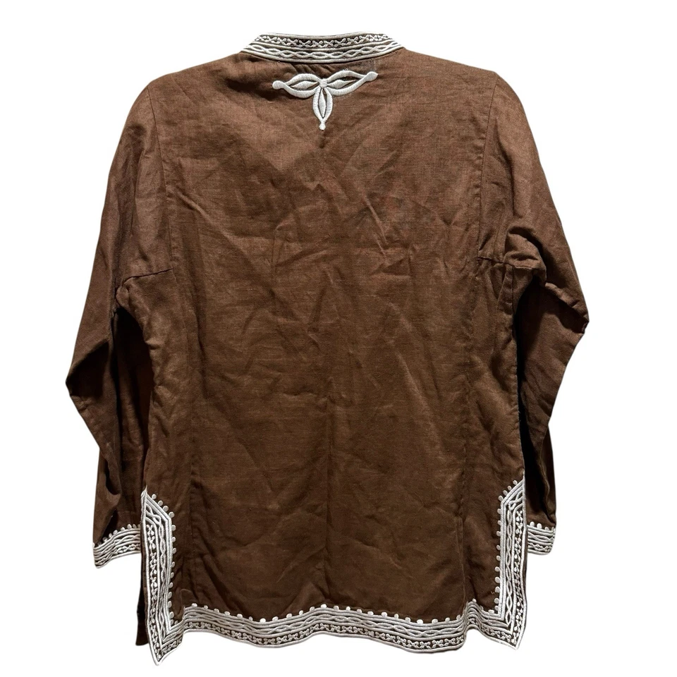 J. Blusa campesina túnica boho bordada marrón grande Crew 100 % lino para mujer de colección Foto 3 de 4