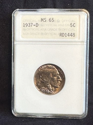 1937-D 5c Buffalo Nickel MS65 ANA PNG ANACS Soapbox Genie Lamp Holder