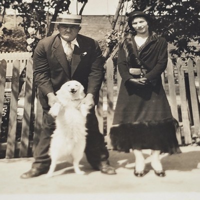 Happy Smiling Golden Retriever Dog Standing Posing With Couple Snapshot Photo BW