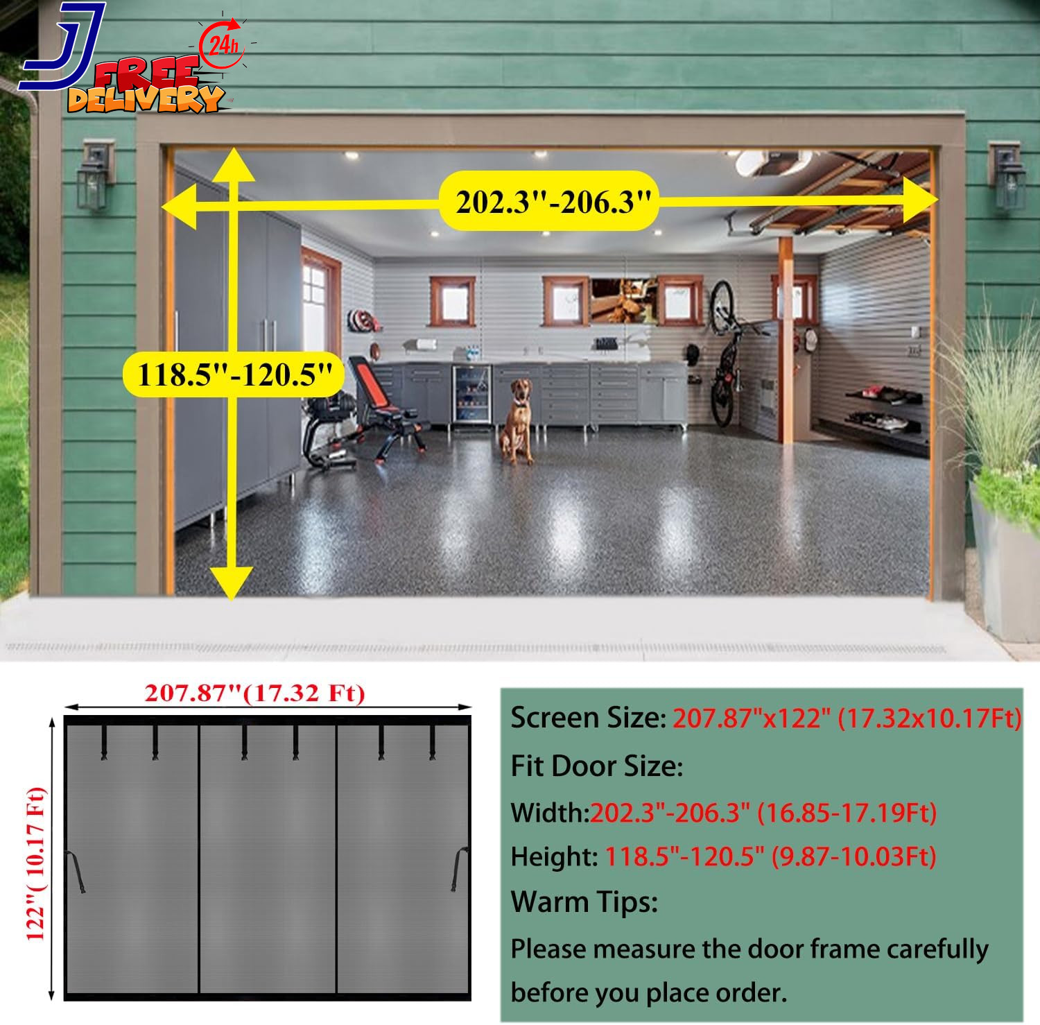Garage Door Screen 17X10Ft for 2 Car Retractable Fiberglass Magnetic Screen Mesh