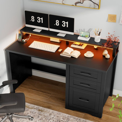 47'' Farmhouse Executive Desk with Monitor Stand & File Cabinet,3 Drawers Compute