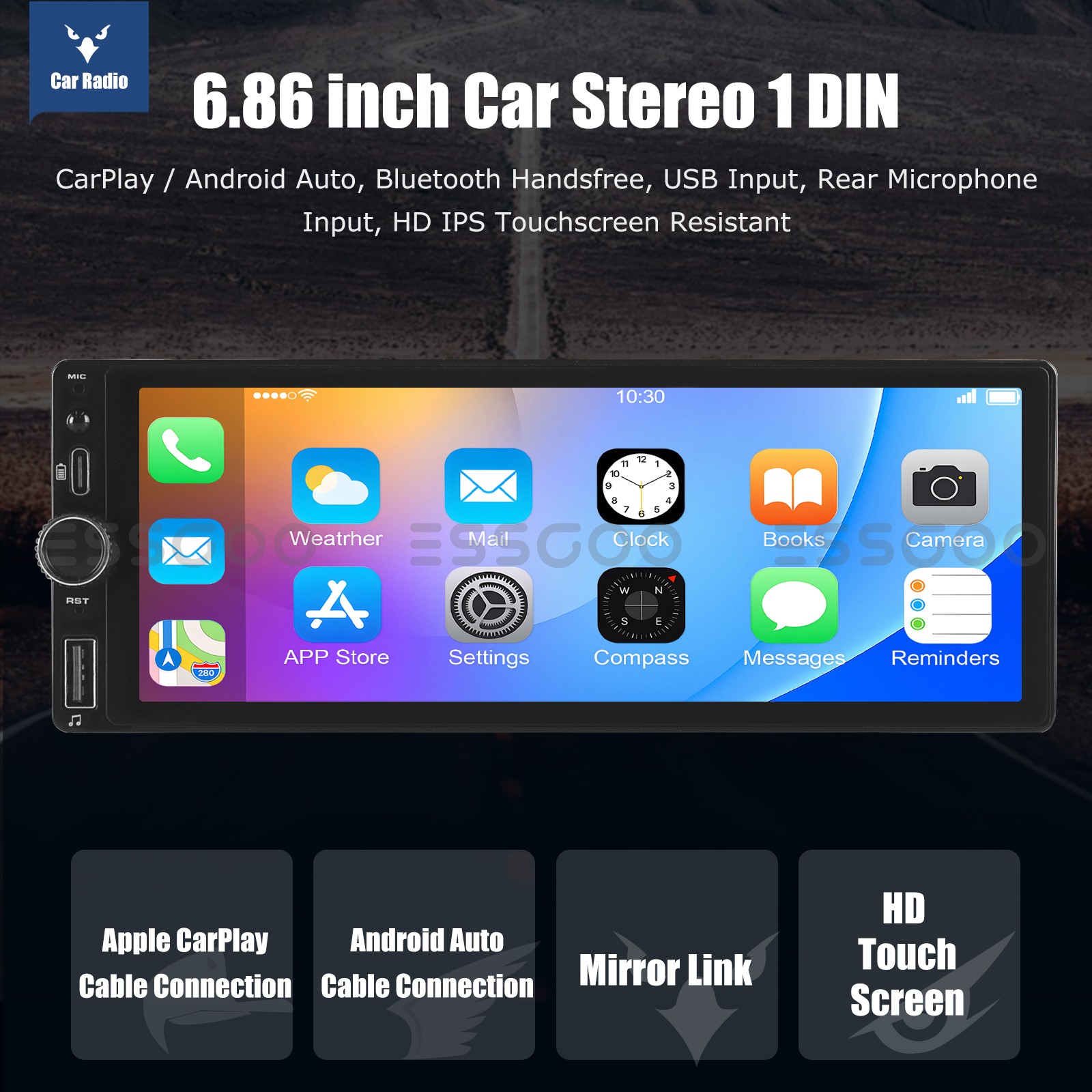 Wireless Carplay Single 1 DIN 6.86" Radio Bluetooth Car Stereo Type-C MP5 Player