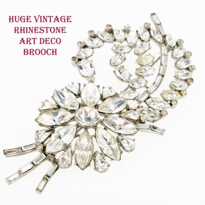 1940's Art Deco Brooch Clear Crystal Rhinestones Rhodium Plated HUGE Pin 3 3/4''