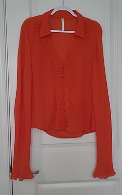 Anthropologie Top Women's Sz 1X Orange Long-Sleeve Textured Button Front Stretch