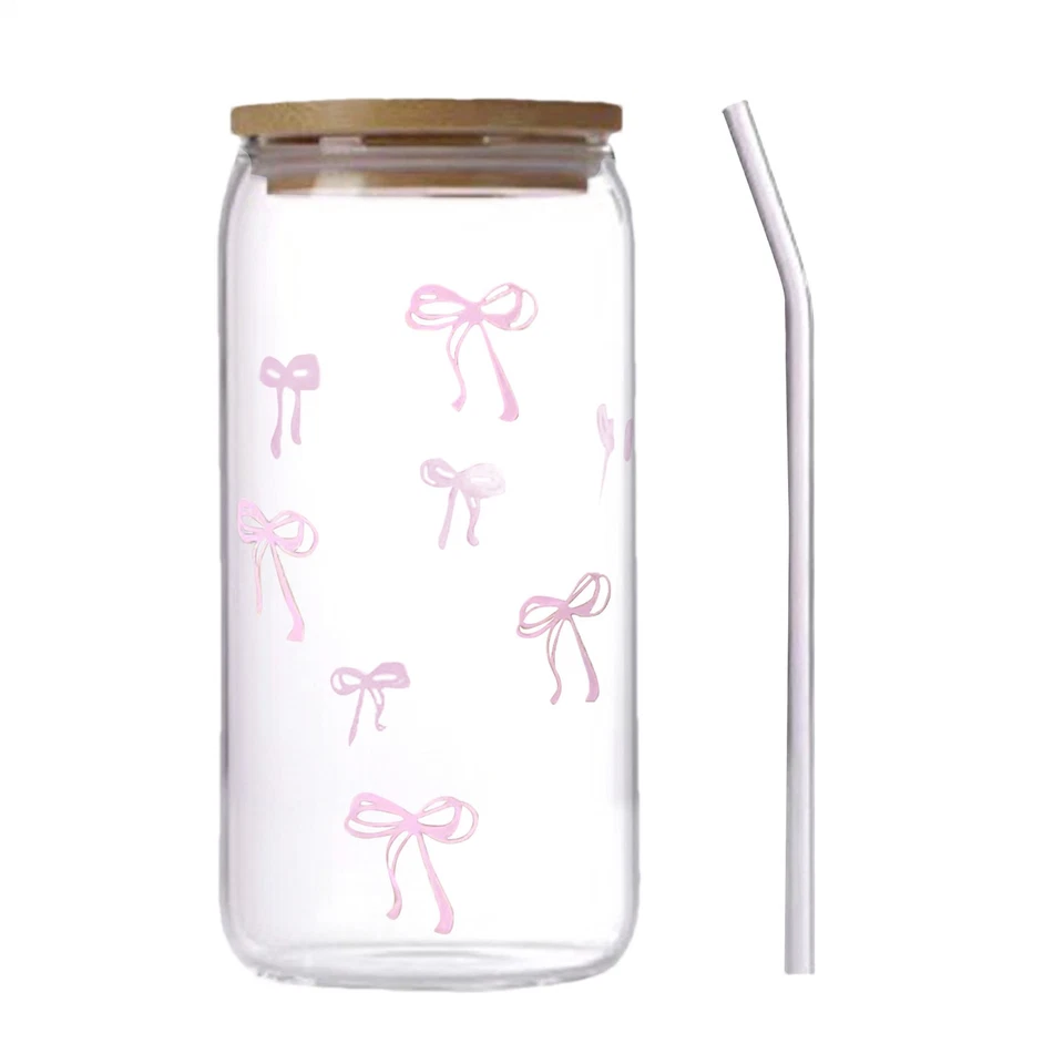 500ml Pink Bow Tumbler with Straw and Lid Aesthetic Glass Cups Iced Coffee Cup 